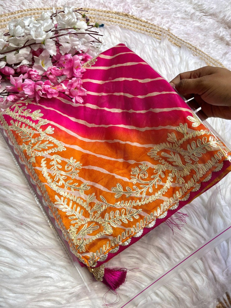 Sunset Leheriya Chinon Silk Saree