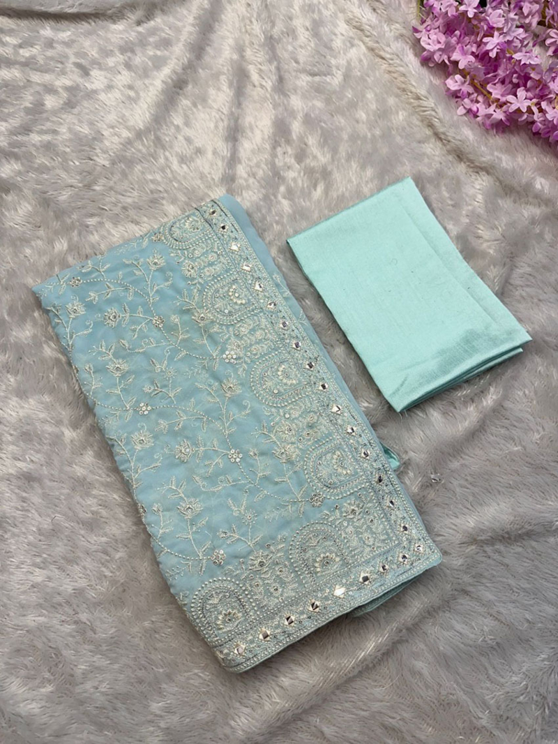 Ethnic Festive Traditional Dusty Pastel Blue Georgette Saree
