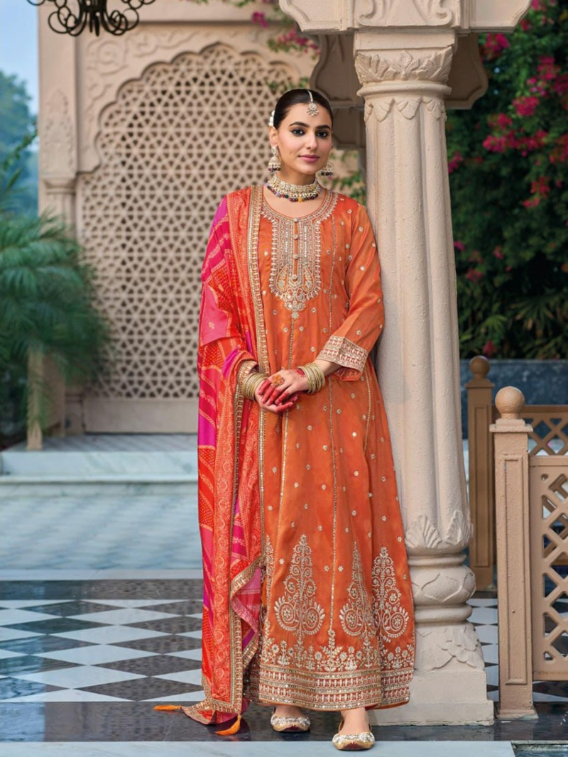 Authentic Traditional Festive Rust Shimmer Anarkali Suit