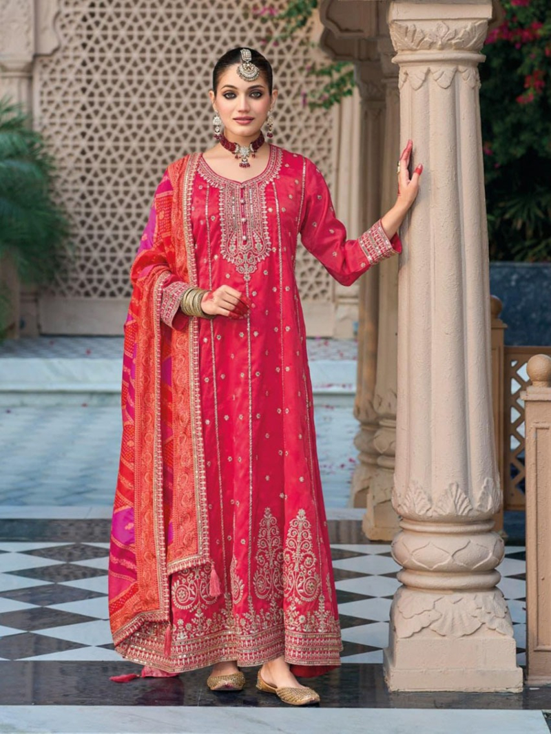Authentic Traditional Ethnic Rani Pink Shimmer Anarkali Suit
