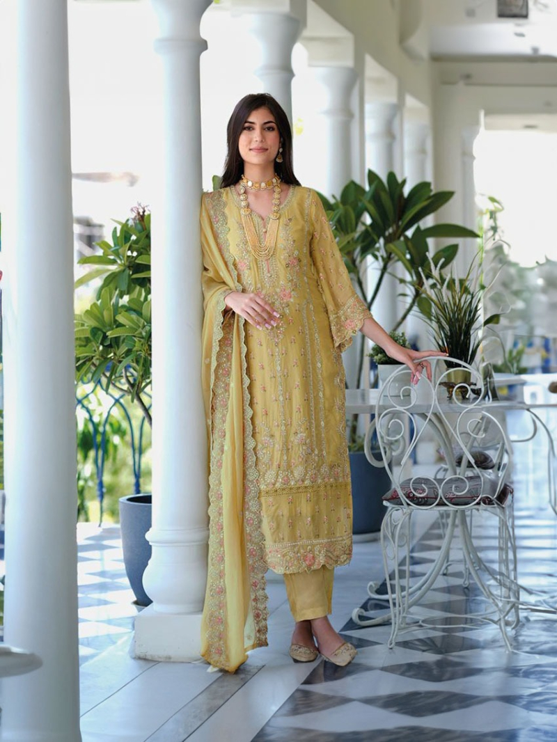 Authentic Ethnic Elegant Pastel Yellow Organza Straight Suit