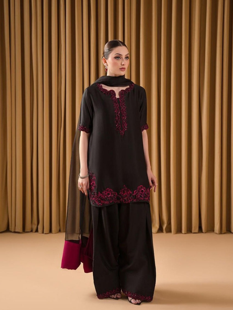 Authentic Elegant Traditional Black Crepe Farshi Plazo Suit