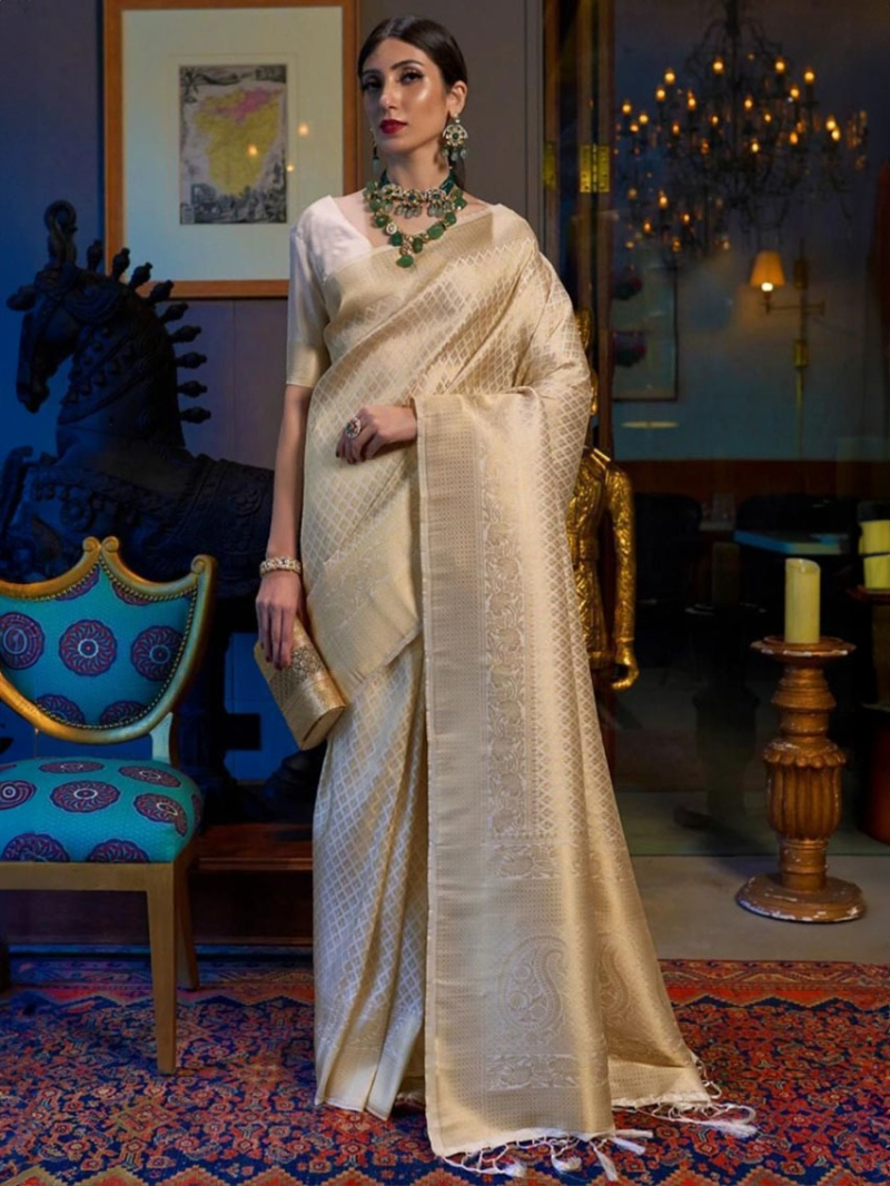 Elegant Golden Soft Lichi Silk Saree with Intricate Zari Weave