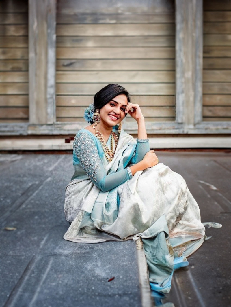 Elegant Silver & Teal Soft Lichi Silk Saree