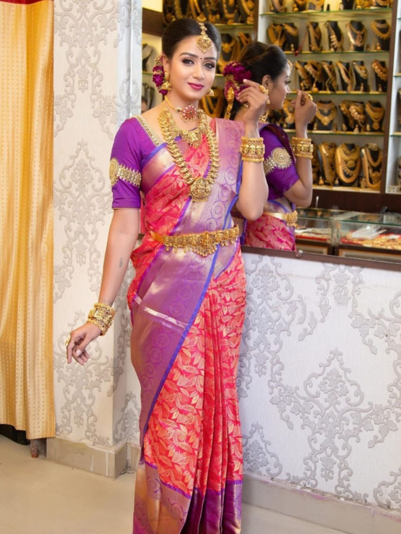 Radiant Pink & Purple Soft Lichi Silk Saree