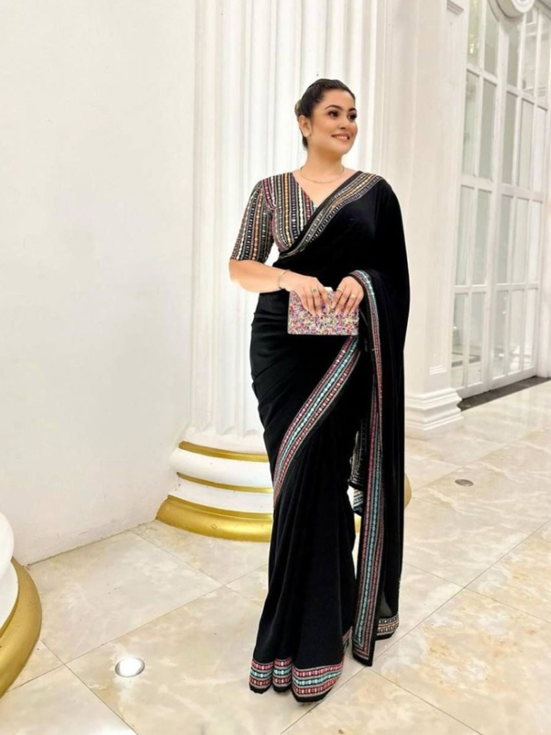Georgette Embroidery Sequins Saree with Multicolor Lace Border