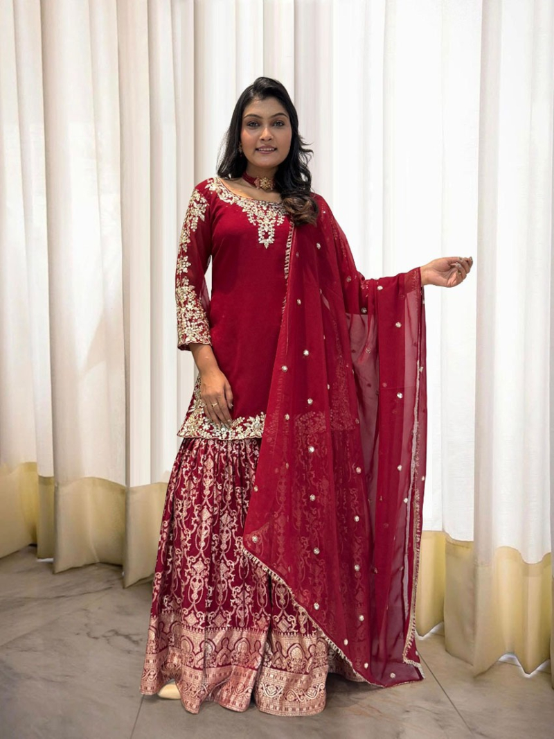 Ethnic Elegant Festive Maroon Georgette Sharara Suit