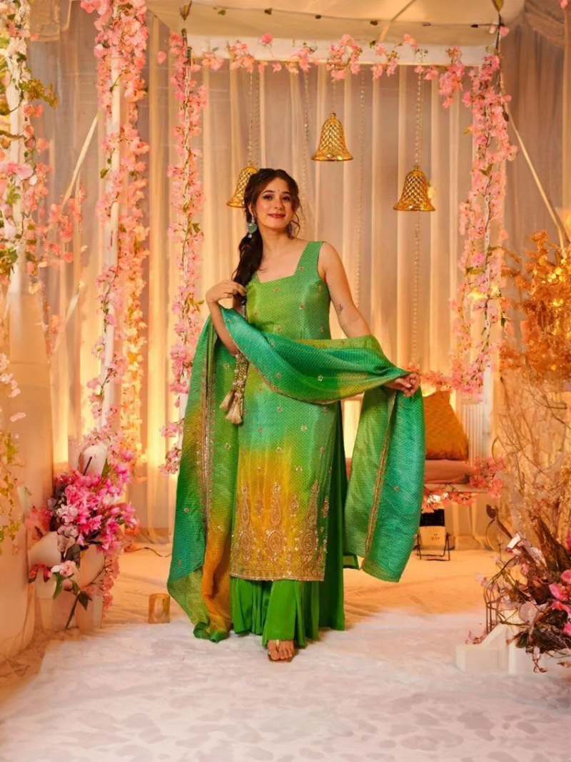 Authentic Festive Traditional Green Bhandhej  Plazo Suit