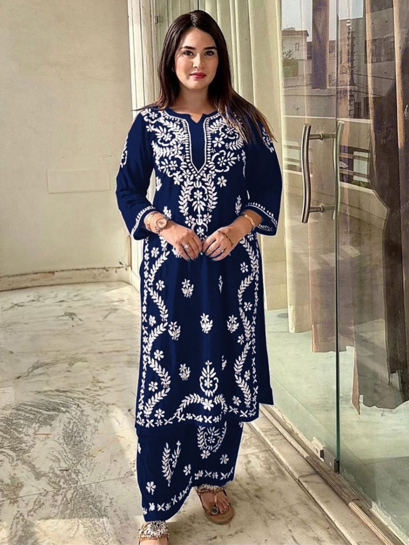 Traditional Elegant Festive Navy Blue Rayon Lakhnavi Style Suit