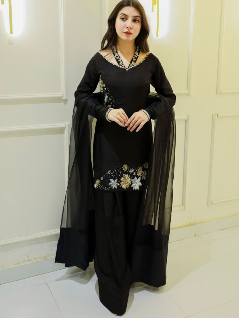 Authentic Traditional Festive Black Crepe Silk Farshi Suit