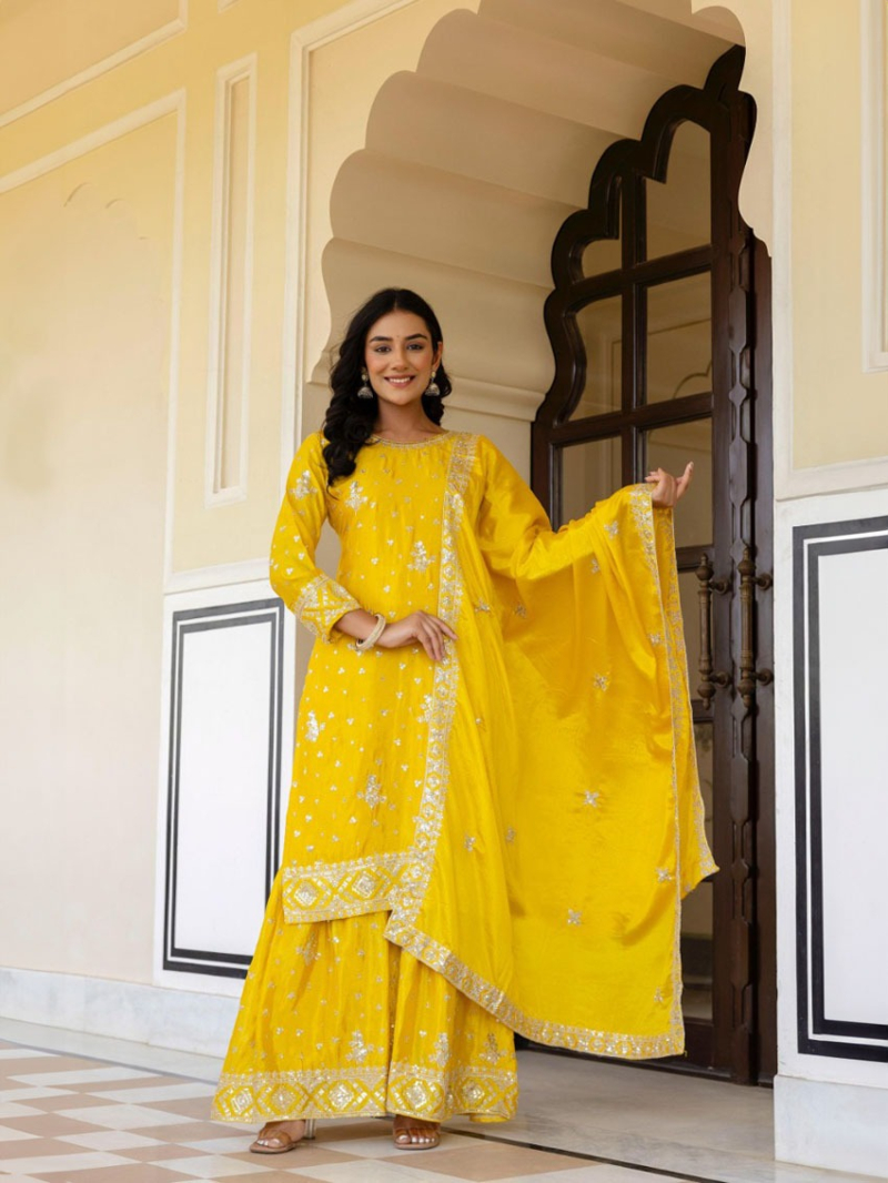Authentic Ethnic Elegant Yellow Chinnon Sharara Suit