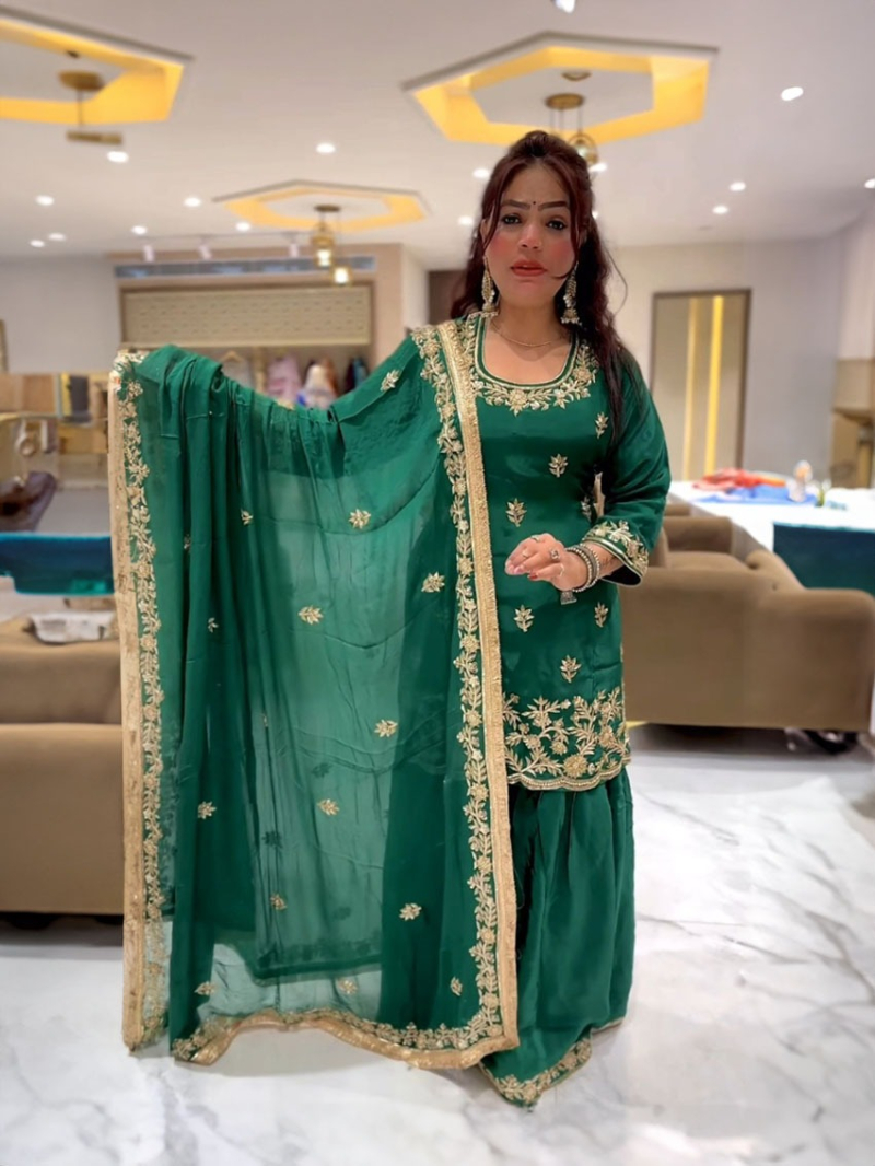 Authentic Traditional Festive Bottle Green Sharara Suit