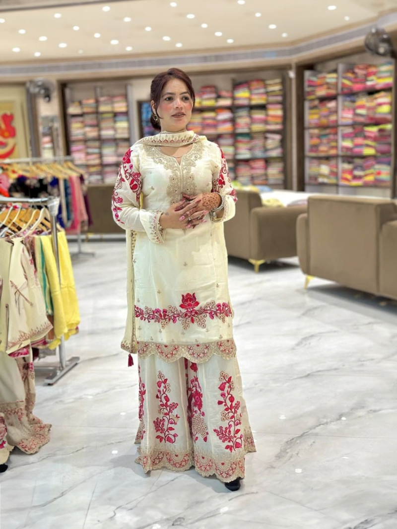 Authentic Traditional Festive Cream Chinnon sharara Suit