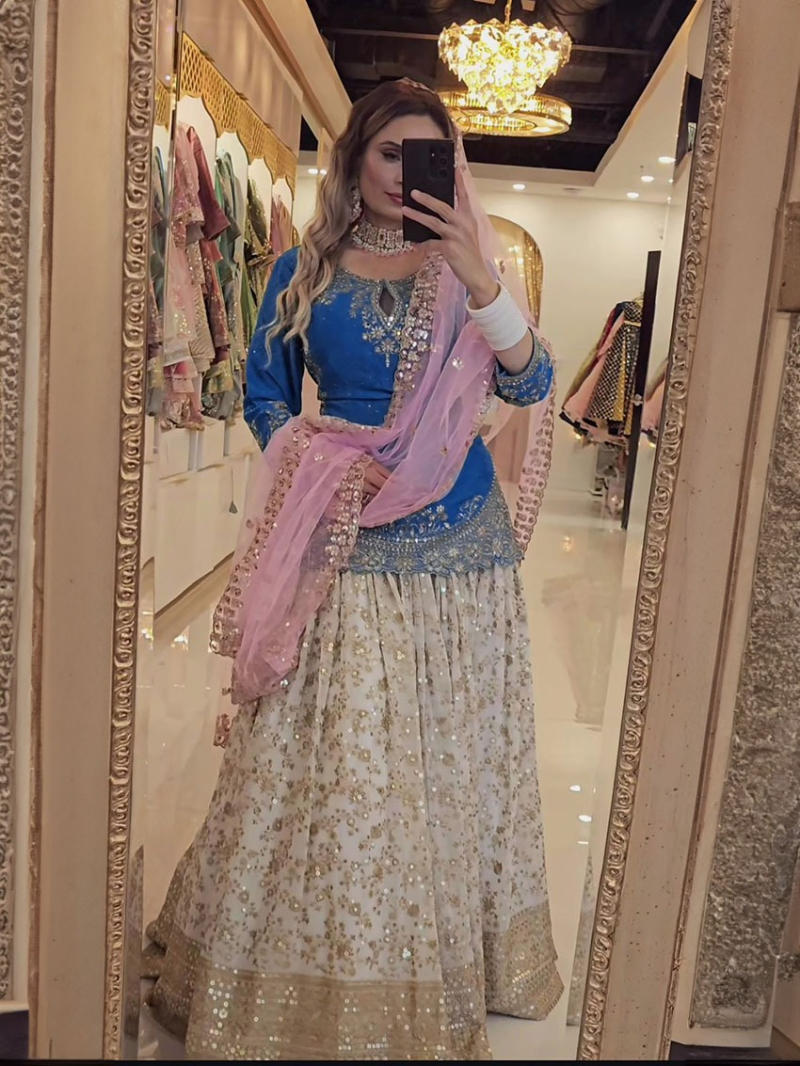 Ethnic Traditional Festive Royal Blue and Ivory Heavy Chinnon Silk Lehanga Set