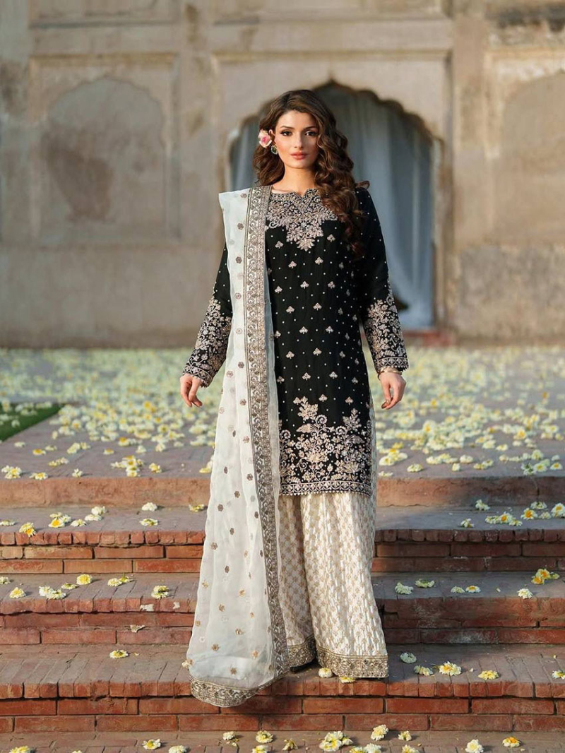 Elegant Ethnic Traditional Black Chinnon Silk  Plazo Suit