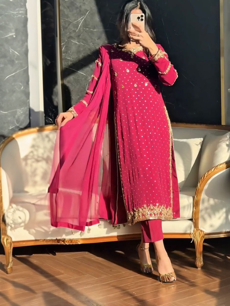 Ethnic Festive Traditional Maroon Georgette Straight Suit 