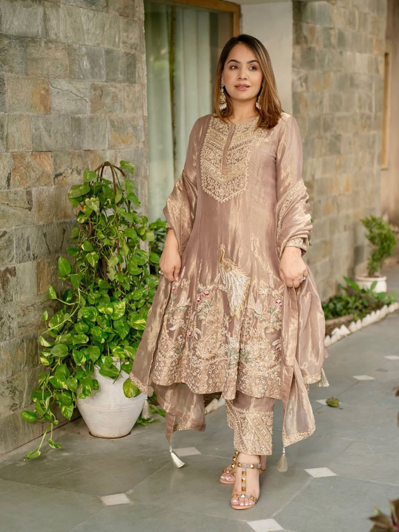 Elegant Ethnic Traditional Taupe Fendi Silk Straight Suit