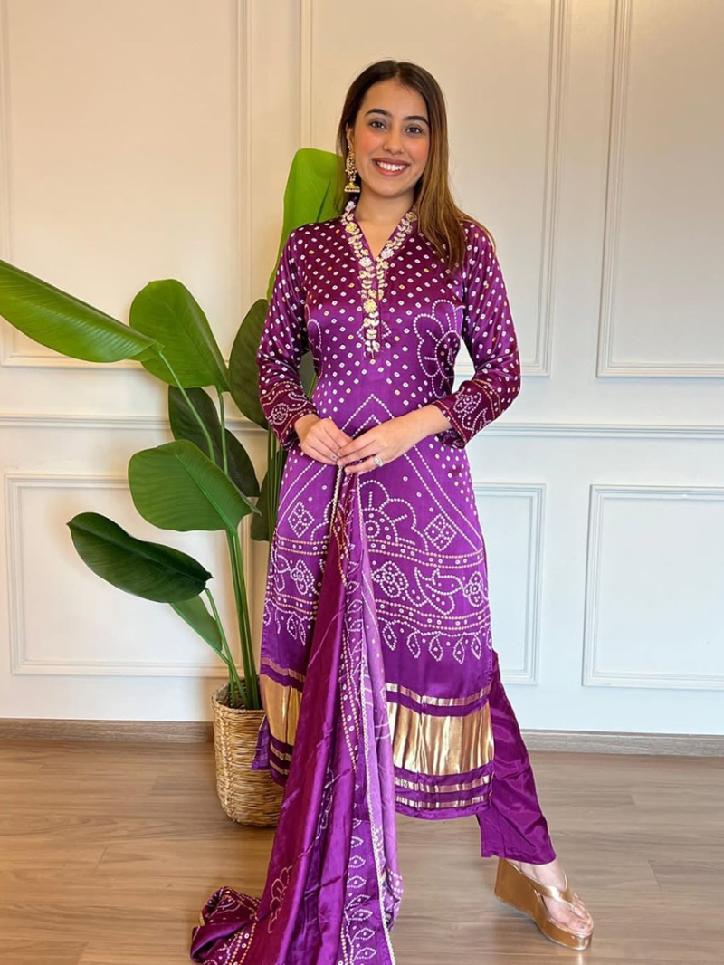 Authentic Ethnic Traditional Purple Chinnon Silk Straight Suit