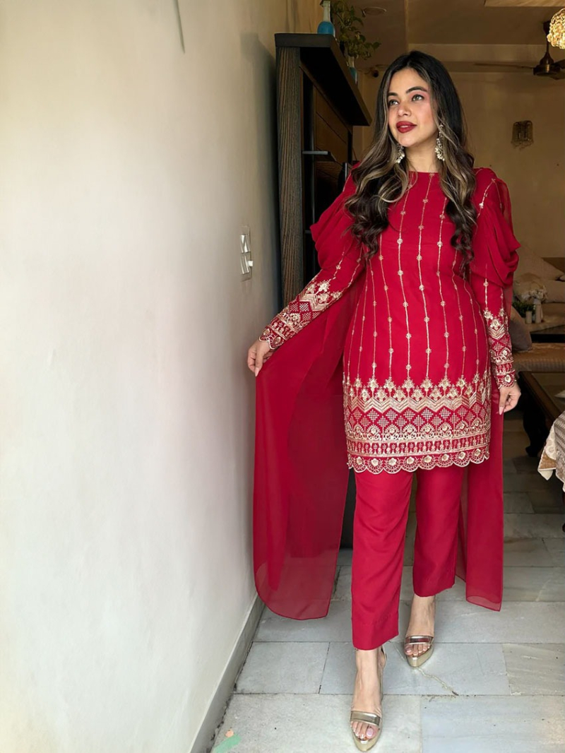 Elegant Traditional Festive Red Georgette Plazo Suit