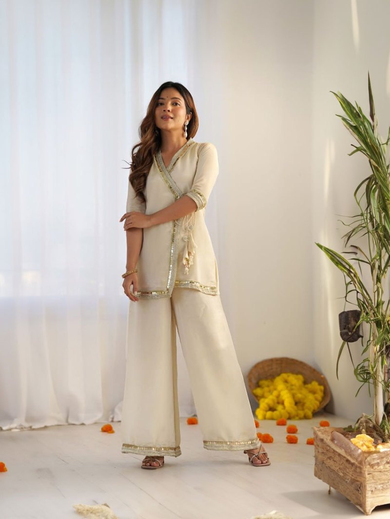 Traditional Ethnic Festive Ivory Georgette Plazo Suit