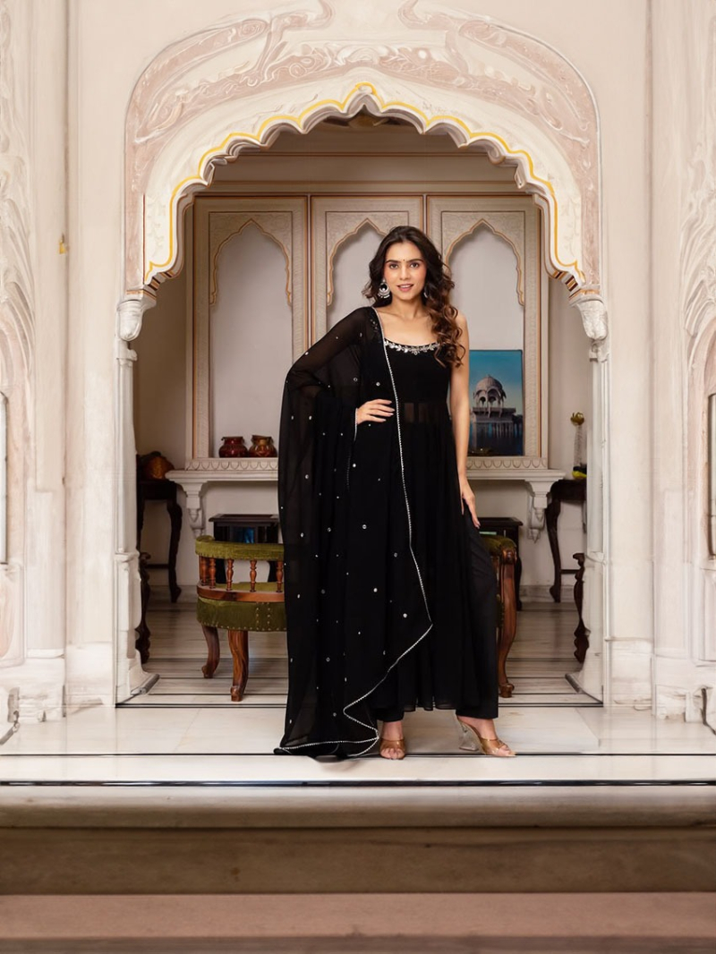 Ethnic Traditional Festive Black Georgette Plazo Suit