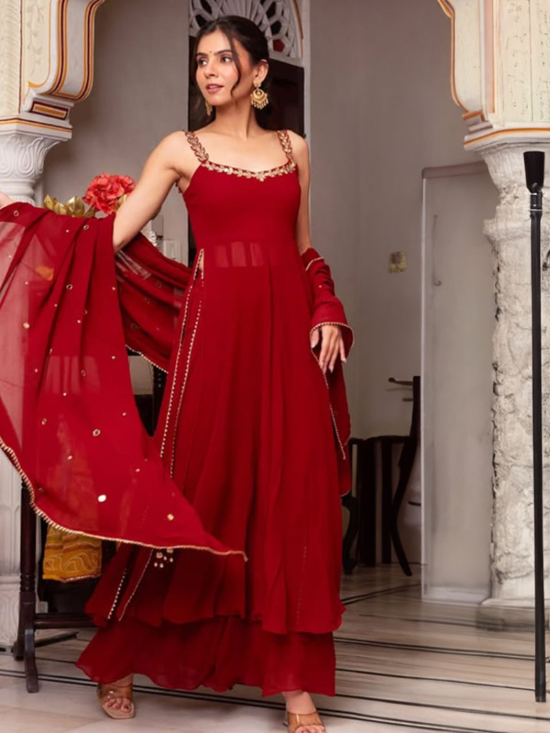 Authentic Traditional Festive Red Georgette Plazo Suit