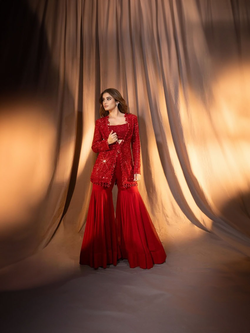 Authentic Elegant Red Georgette Sharara Suit