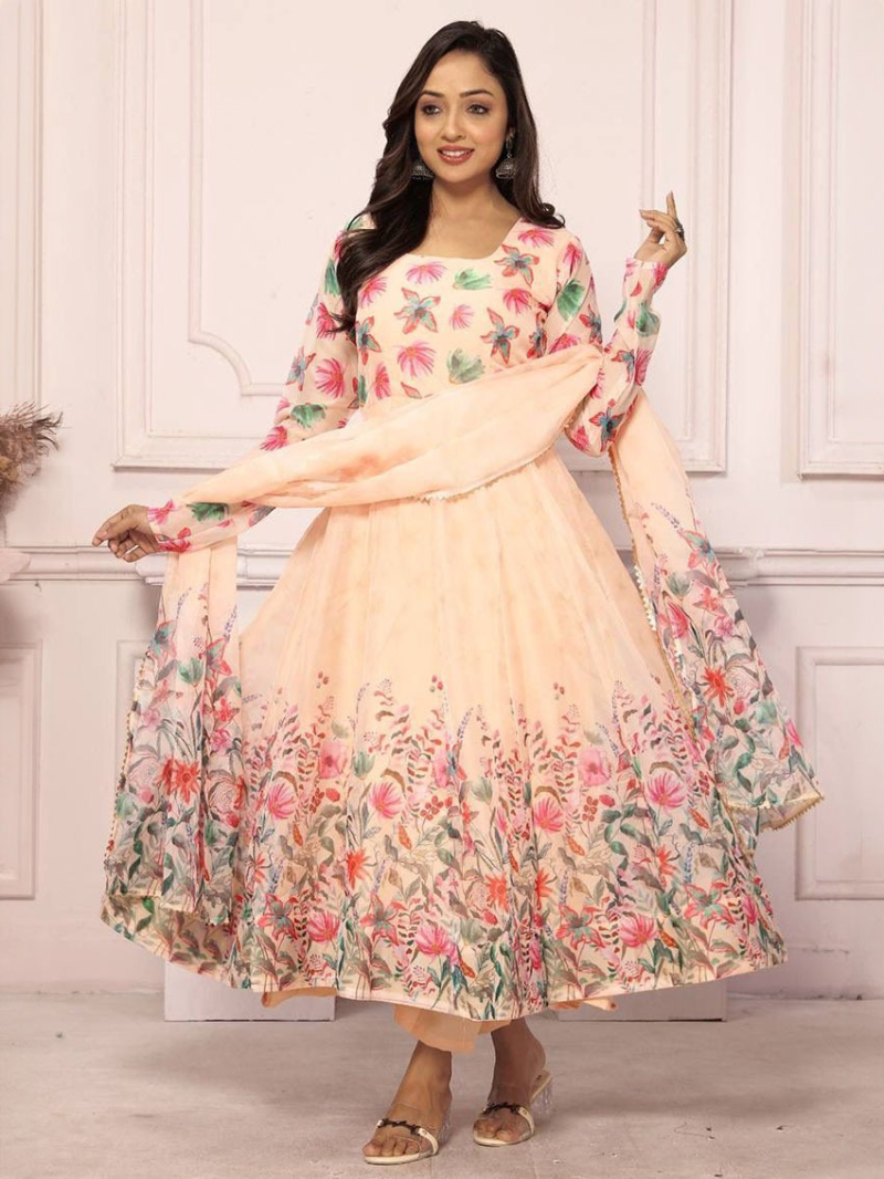 Elegant Ethnic Festive Peach Tabby Silk Anarkali Suit
