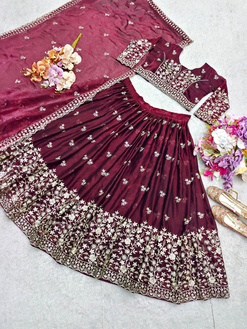 Elegant Ethnic Festive Maroon Fendi Silk Lehanga Suit
