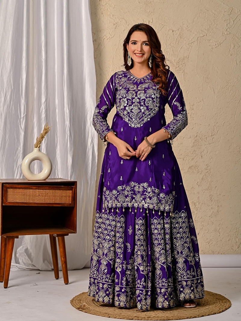 Elegant Ethnic Traditional Royal Purple Chinnon Silk Lehanga Suit