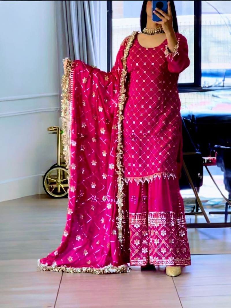 Ethnic Festive Traditional Rani  Pink Chinnon Silk Sharara Plazo Suit