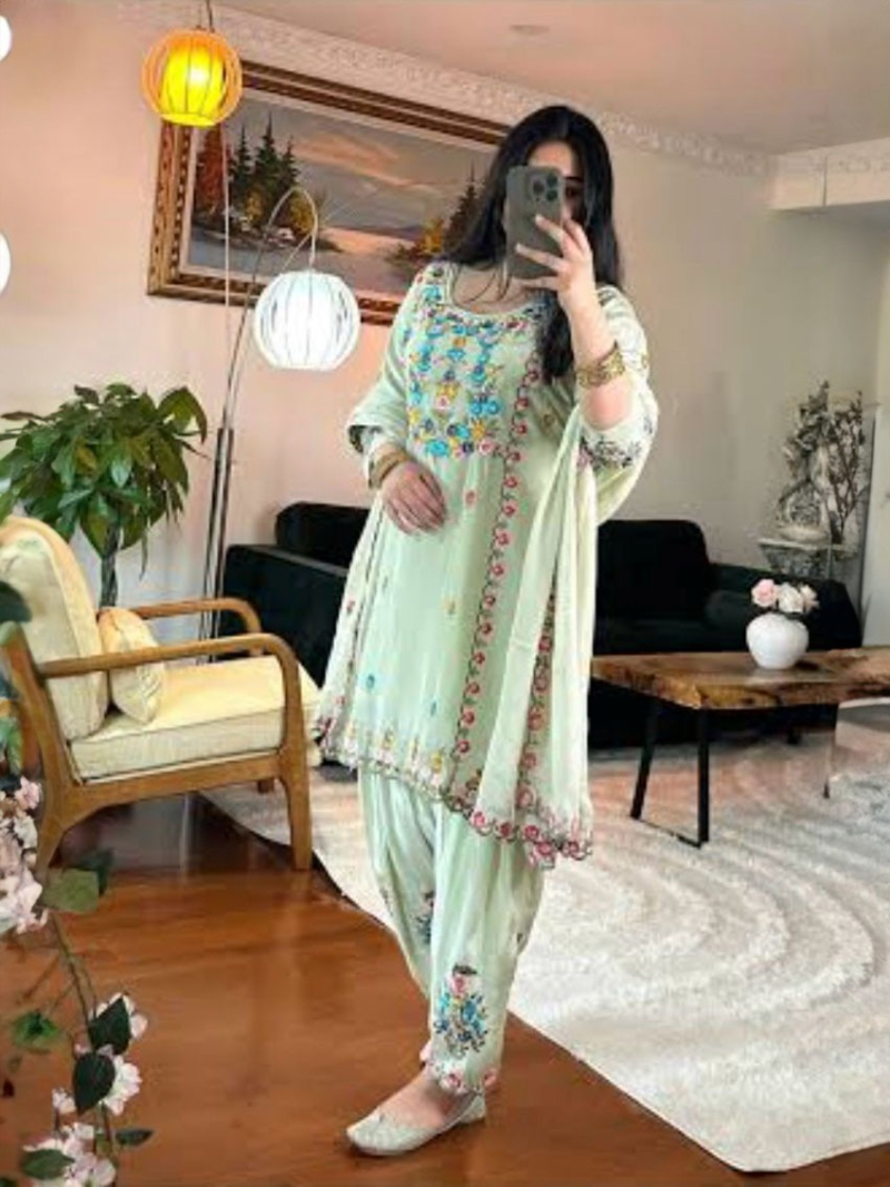 Traditional Ethnic Festive Pastel Green Chinnon Silk Dhoti Salwar Suit