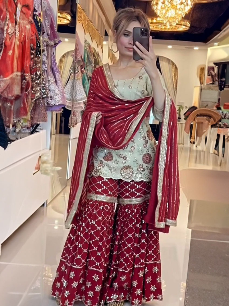 Authentic Elegant Festive Mint Green & Maroon Chinnon SilkSharara Suit