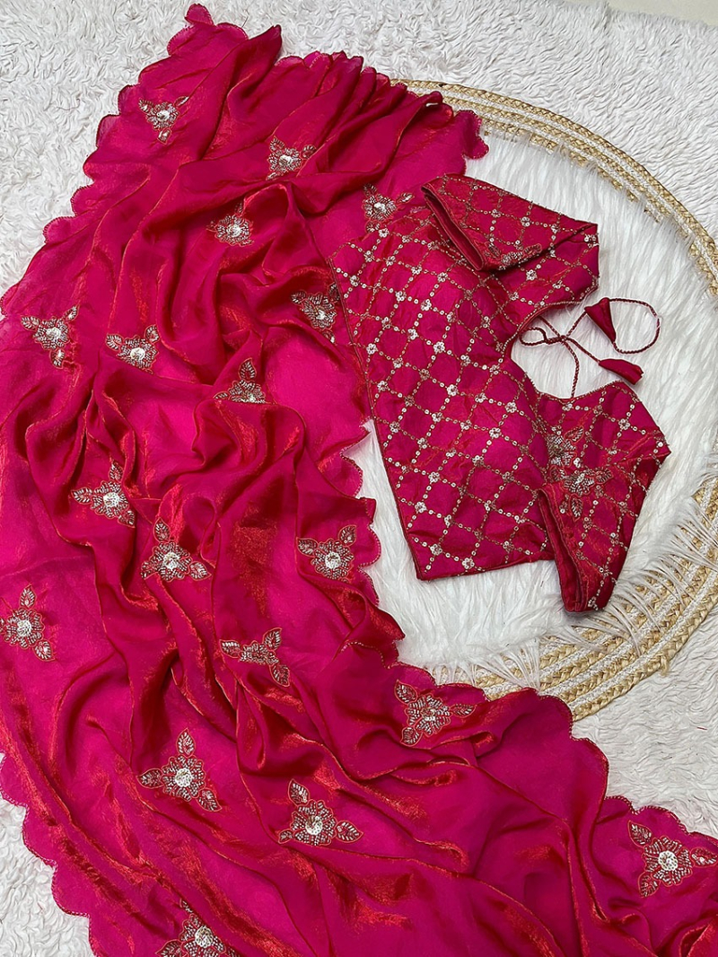 Elegant Ethnic Festive Rani Pink Fendi Satin Saree