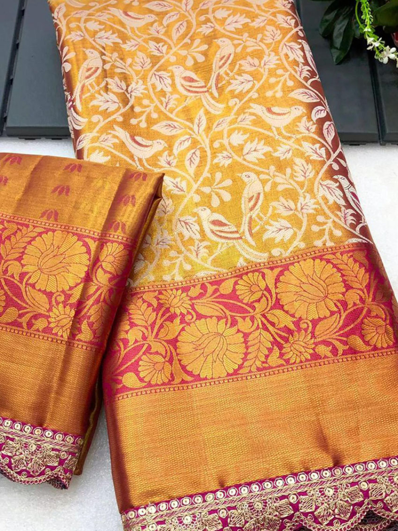 Traditional Ethnic Festive Mustard with Maroon Kanjivaram Pattu Silk Saree