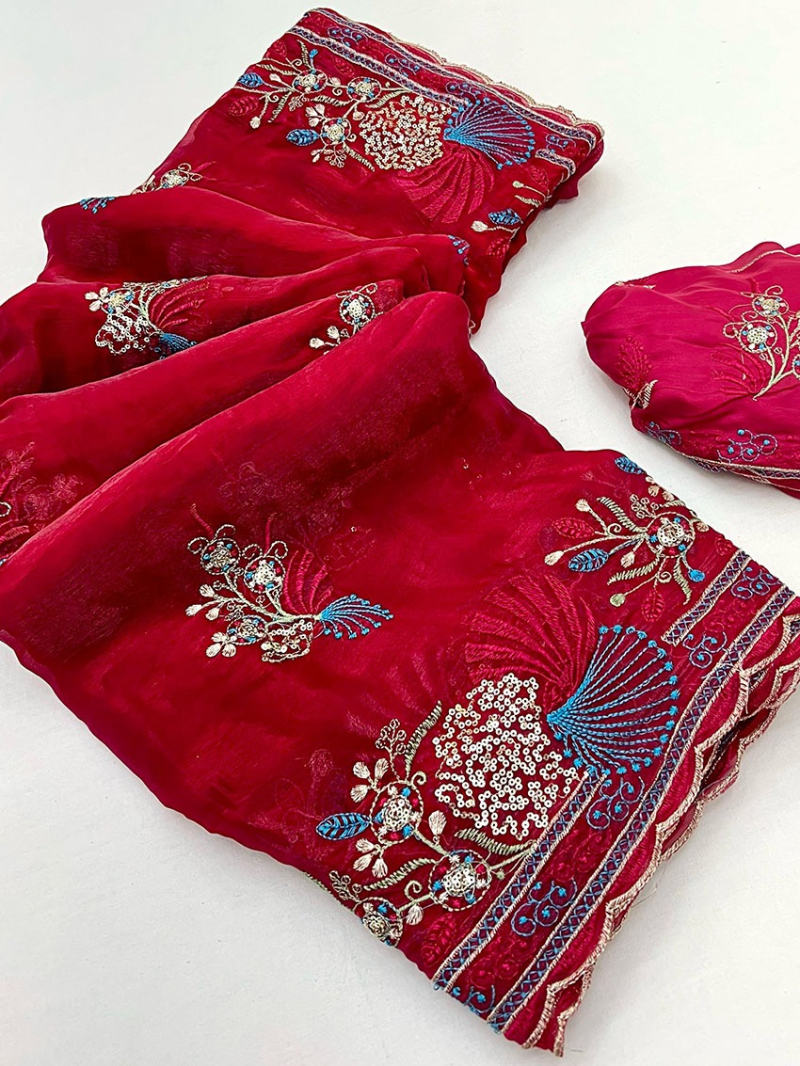 Elegant Ethnic Festive  Crimson Red Satin Chiffon Saree