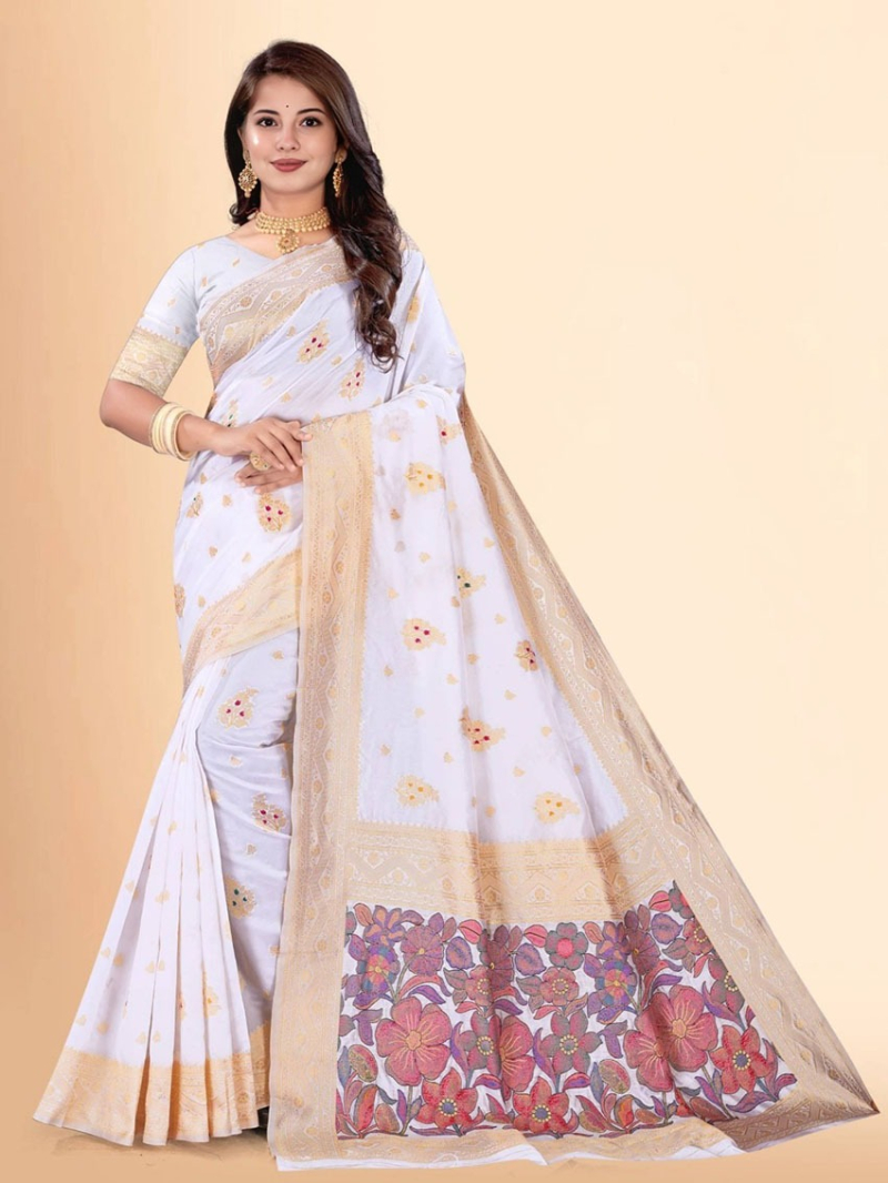 Elegant Ethnic Traditional Off White Silk Saree