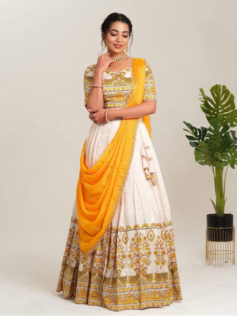Traditional Festive Off White Cotton Lehanga Suit