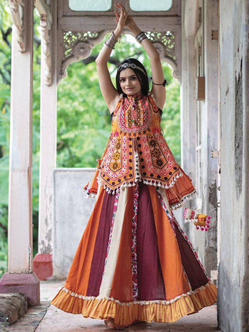 Designer Ethnic Festive Rust & Maroon Cotton Blend Embroidery Work Kurti With Skirt