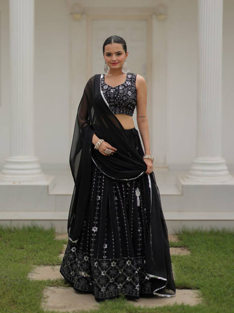 Elegant Ethnic Traditional Black Georgette Lehanga Suit