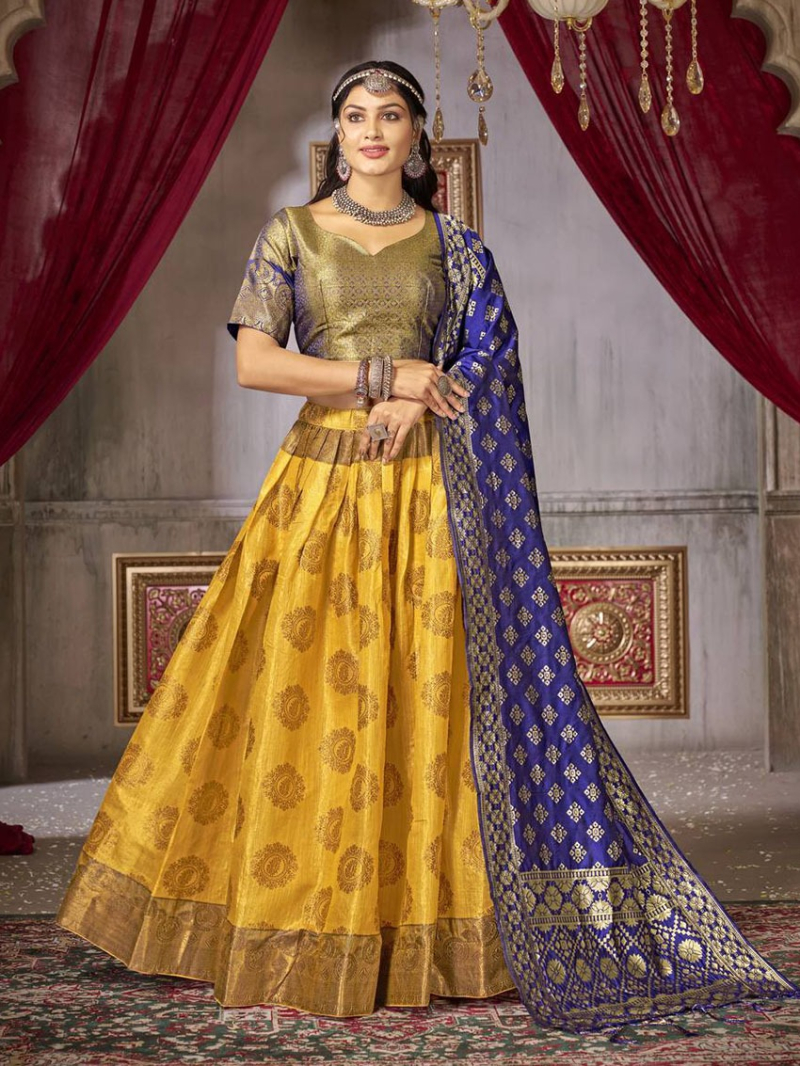 Traditional Ethnic Festive Yellow Jacquard Silk Lehanga Suit