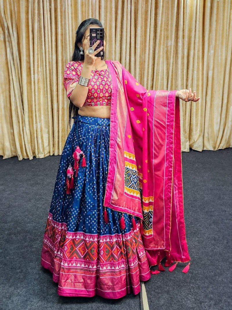 Traditional Ethnic Festive Tussar Silk Bandhni Minakari Print Lehanga Suit
