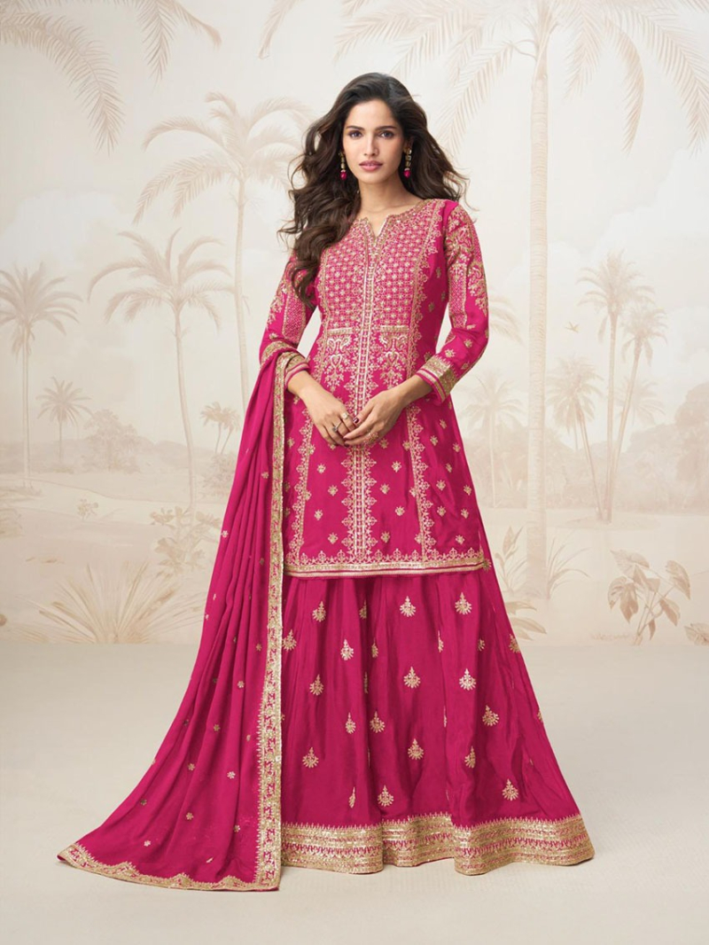 Designer Elegant Festive Rani Pink Chinnon Silk Sharara Suit