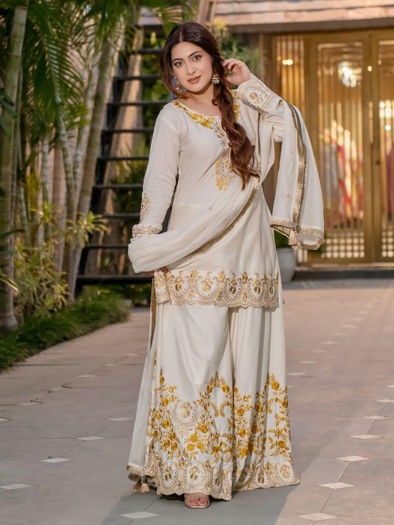 Elegant Ethnic Traditional White Crepe Silk Sharara Suit