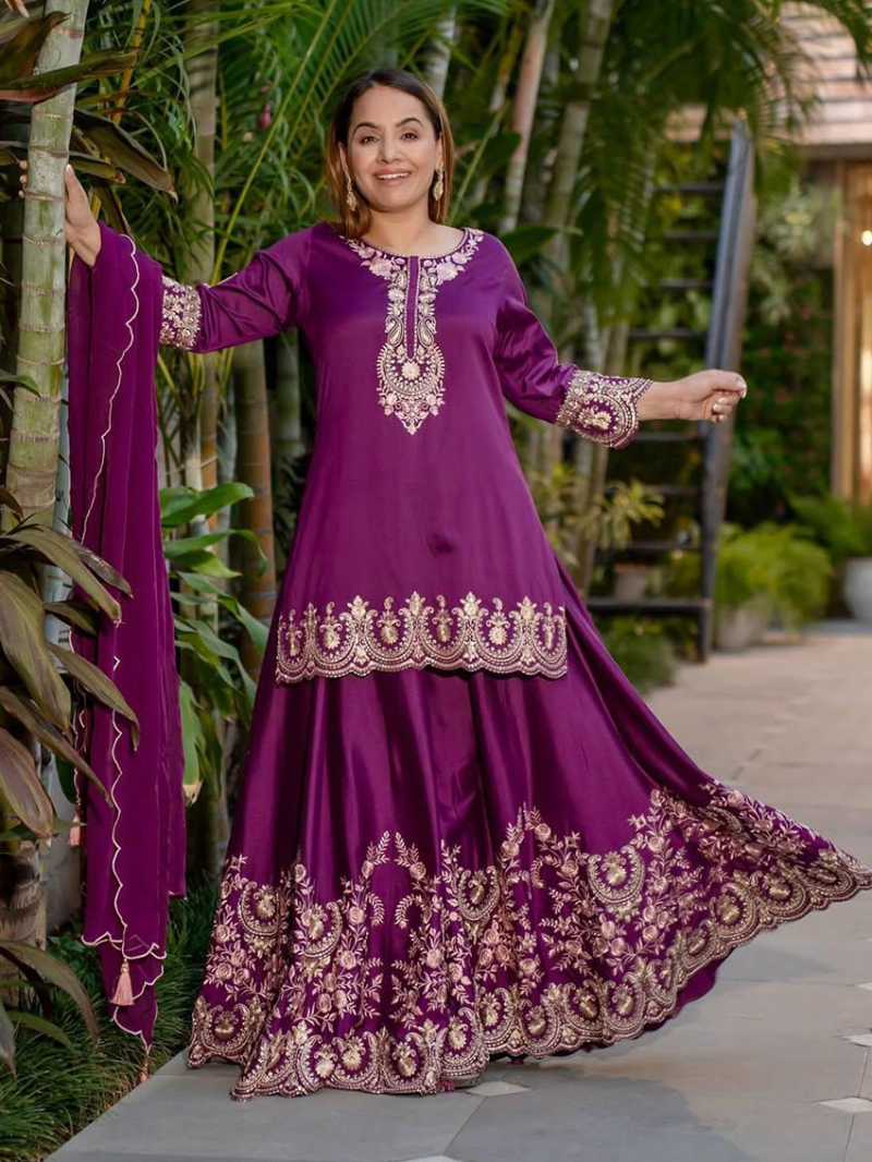 Elegant Traditional Festive Purple Chinnon Silk Sharara suit