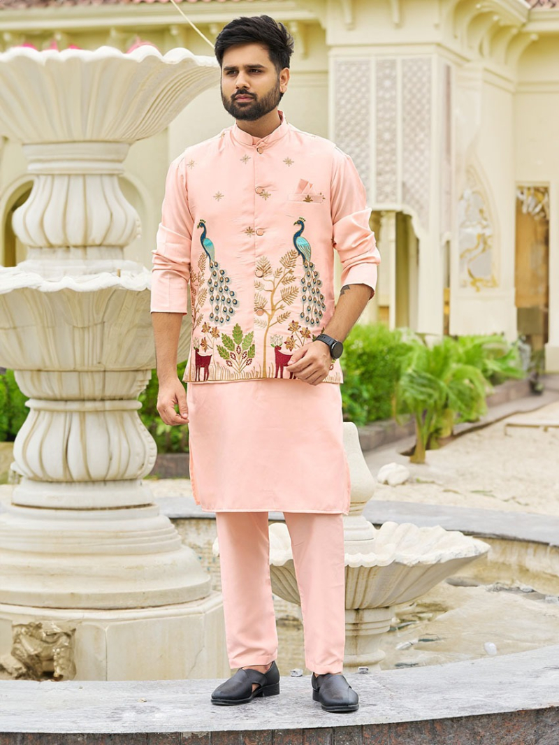 Traditional Ethnic Festive Malai Satin  Kurta Pajama with Koti Set