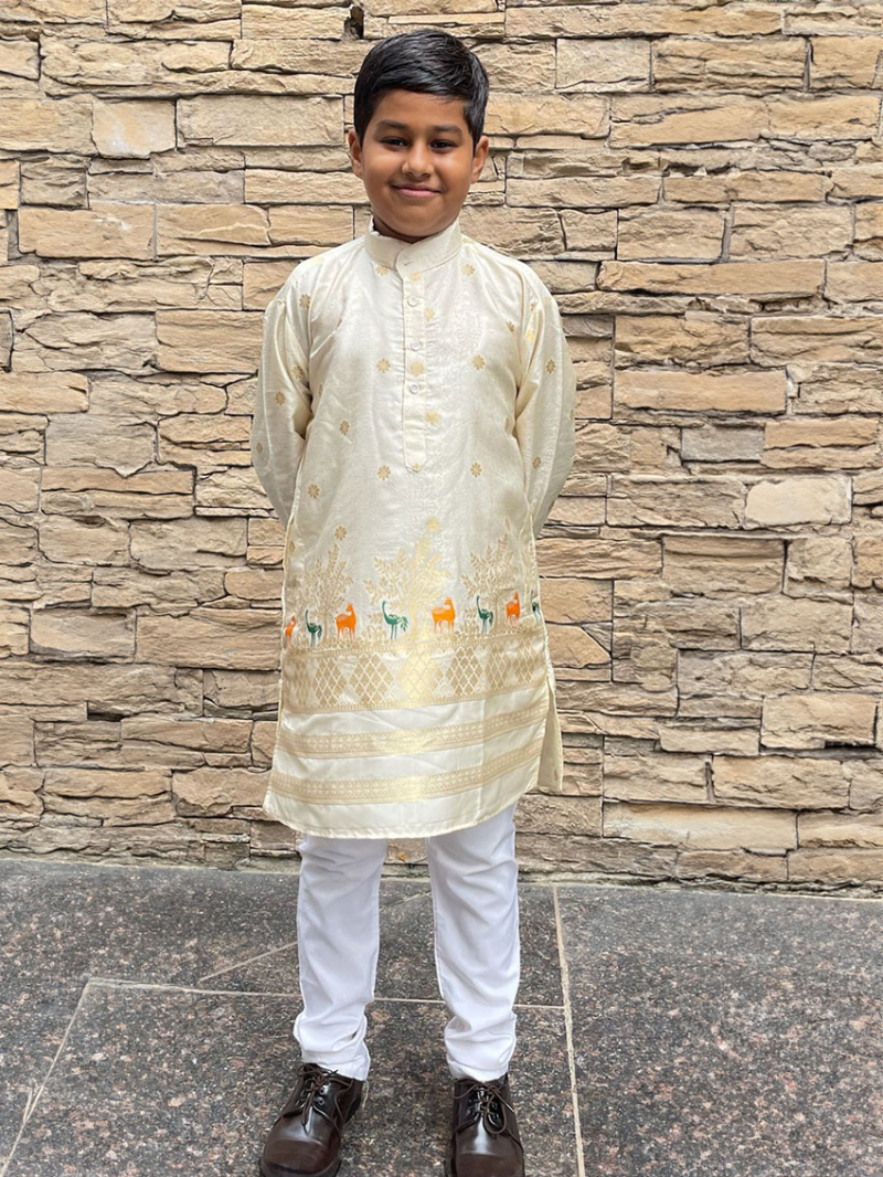 Ethnic Traditional Festive Cream Premium Silk Kids Kurta Pajama Set