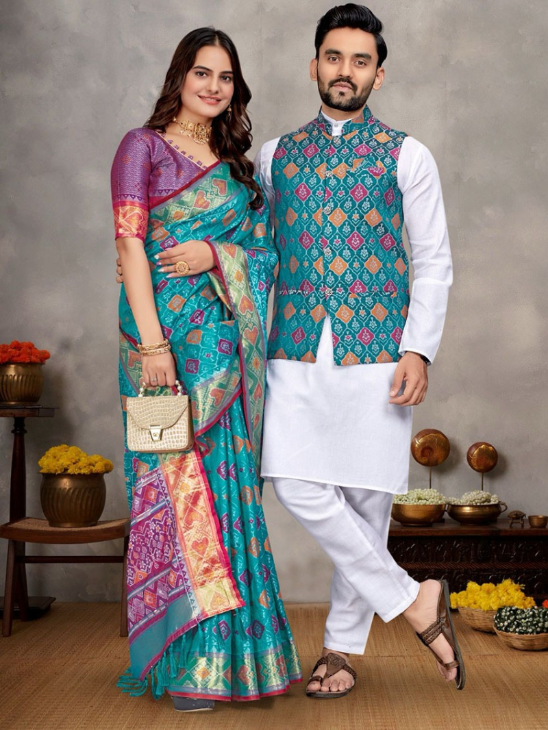 Elegant Couple Matching Kurta Pajama with Koti & Saree Combo Set
