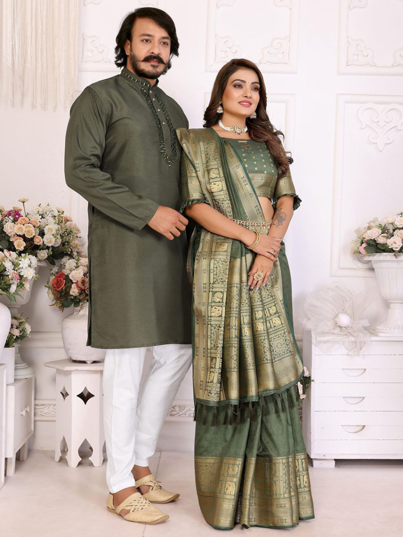 Elegant Couple Combo Ethnic Festive Kurta Pajama & Saree Combo Set