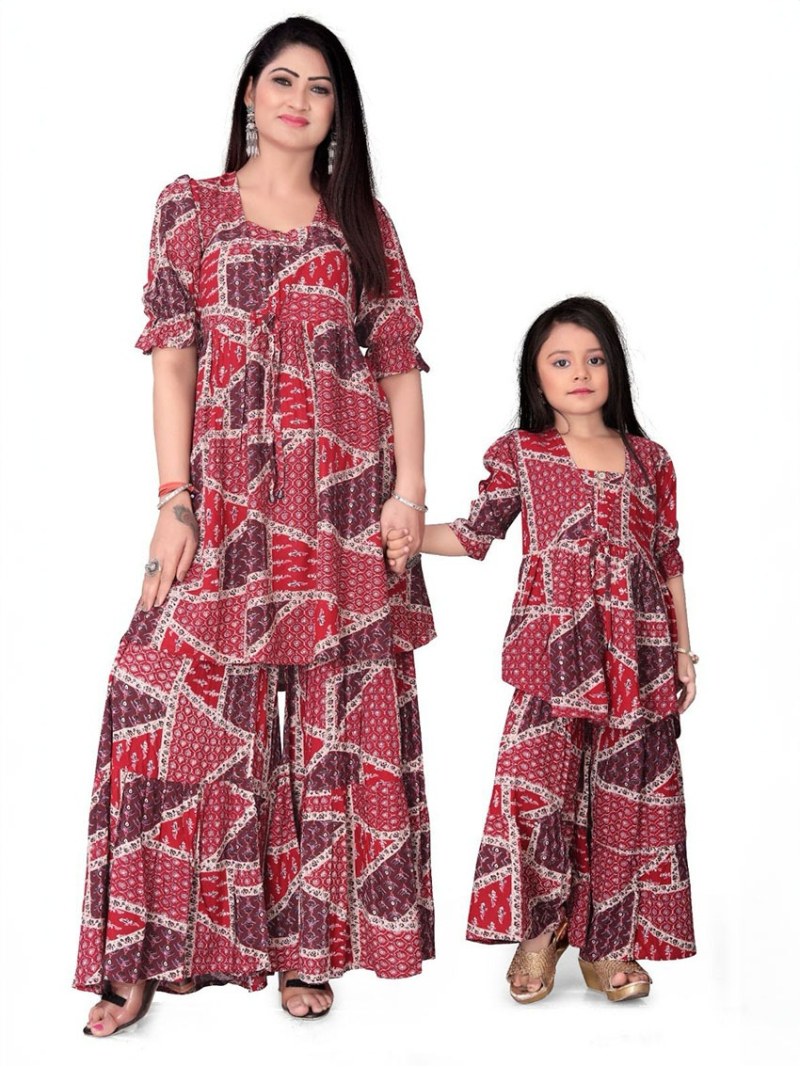 Ethnic Traditional Festive Mother Daughter Rayon Co-ord Combo Set